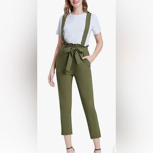 GRACE KARIN Women's Cropped Paper Bag Waist Bib Pants with Pockets Army Green L